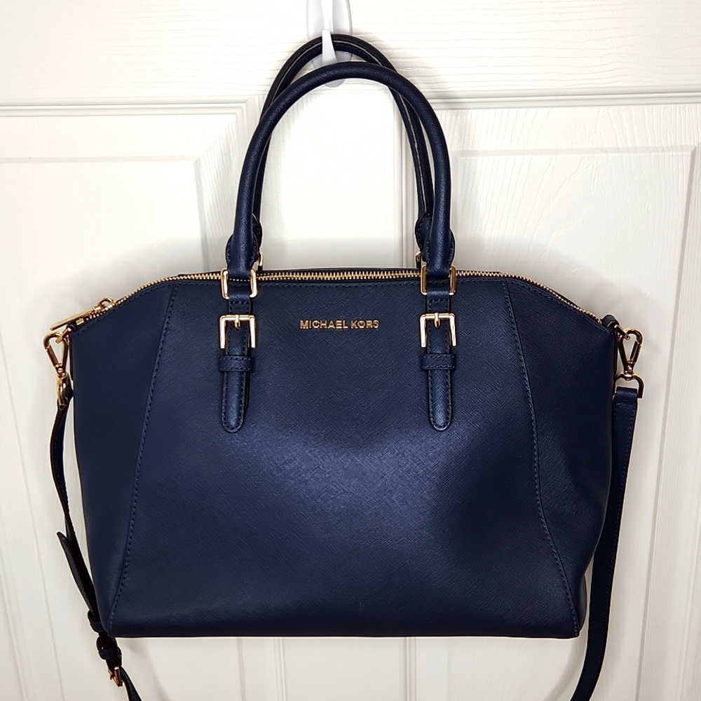 Michael Kors Ciara large blue leather satchel bag with shoulder crossbody strap